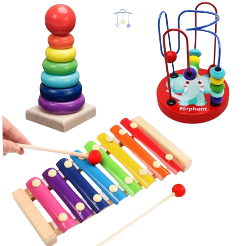 Kit Educativo Montessori em Madeira com Xilofone e Torre Infantil