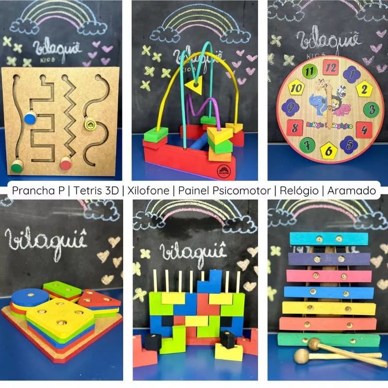 Kit Atividades 6 Brinquedos Pedagógicos Educativos Madeira MDF- Primeira Infância